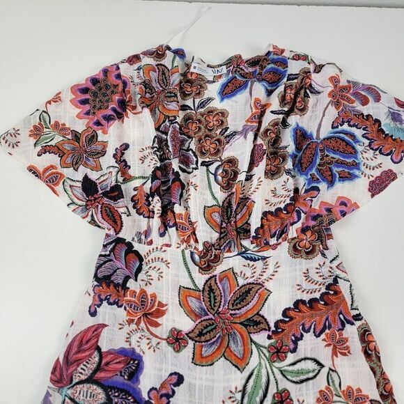 Zara Boho Crinkled Bright Floral Print Cape‎ Sleeve Beach Dress Women's sz Small - Picture 8 of 13
